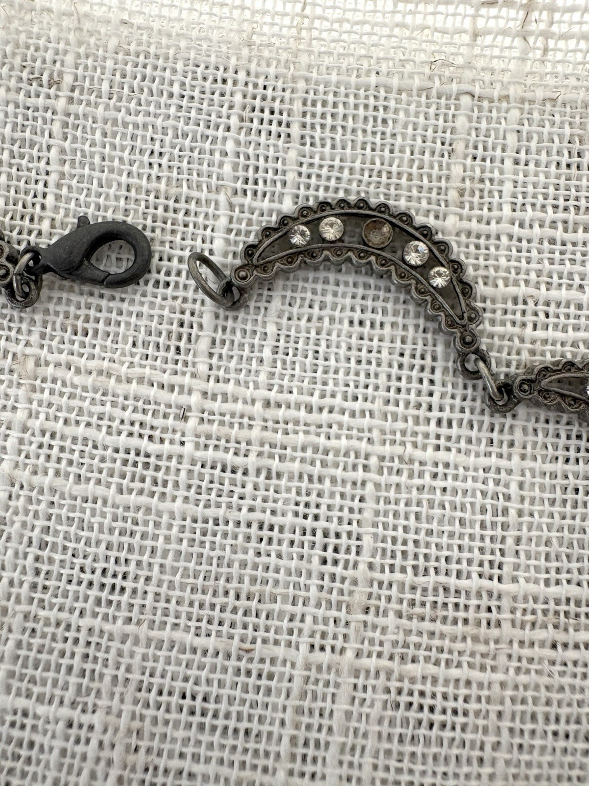 Vintage Crescent Scallop Necklace Iridescent Rhinestone Crystals Pewter Gunmetal
