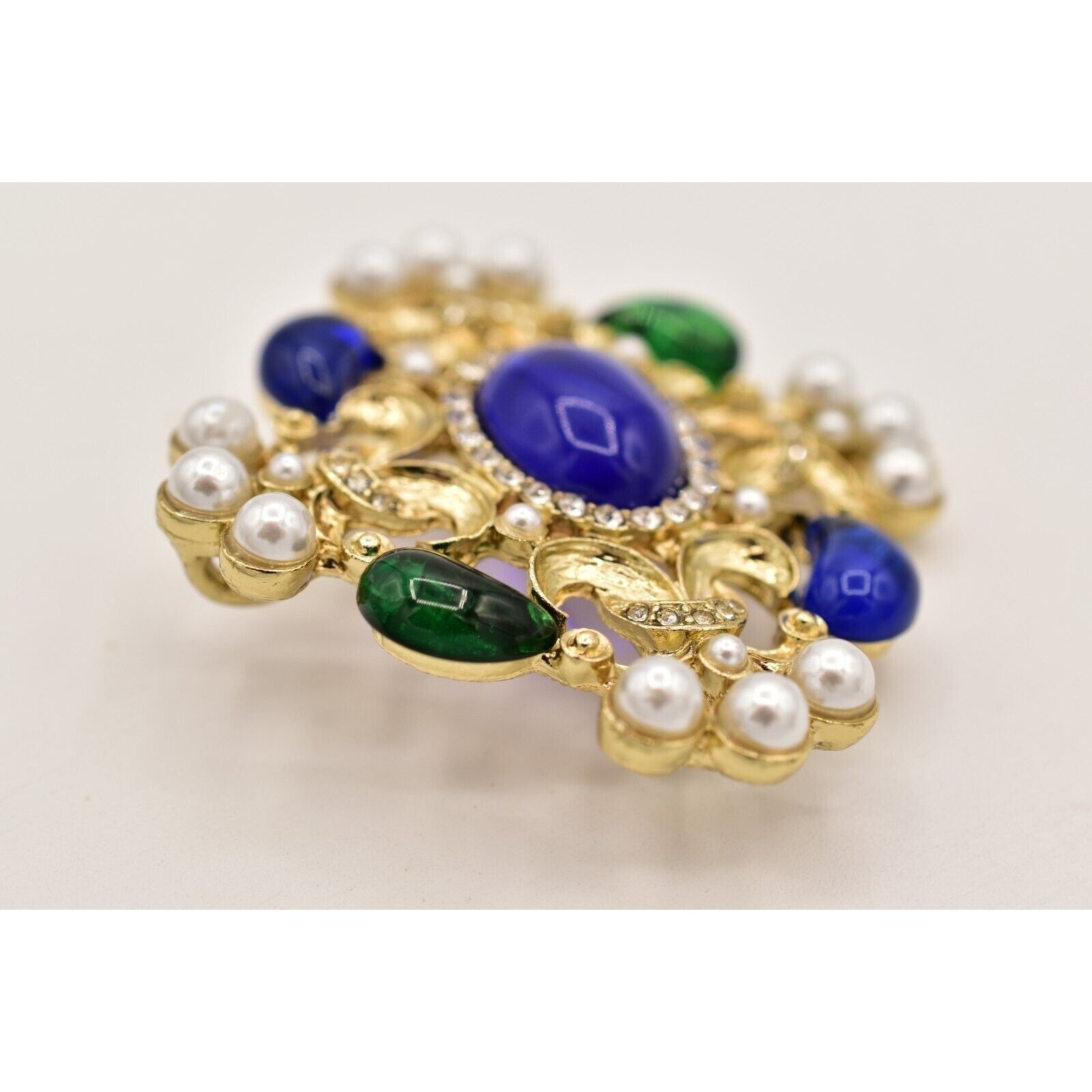 Vintage Cabochon Brooch Pin Faux Pearl White Blue Green Gold Chunky 1990s BinBG