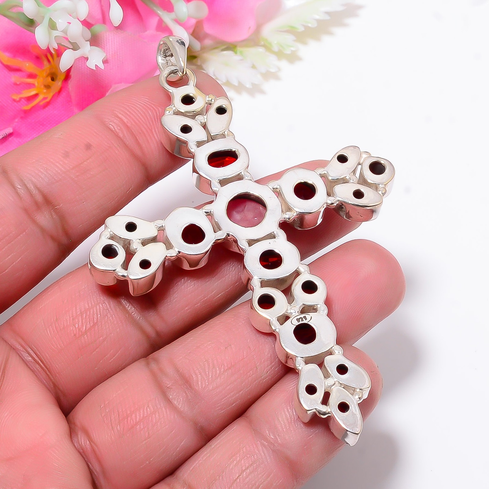 Rhodochrosite & Red Garnet 925 Sterling Silver Holy Cross Pendant 3.12″ P1061623