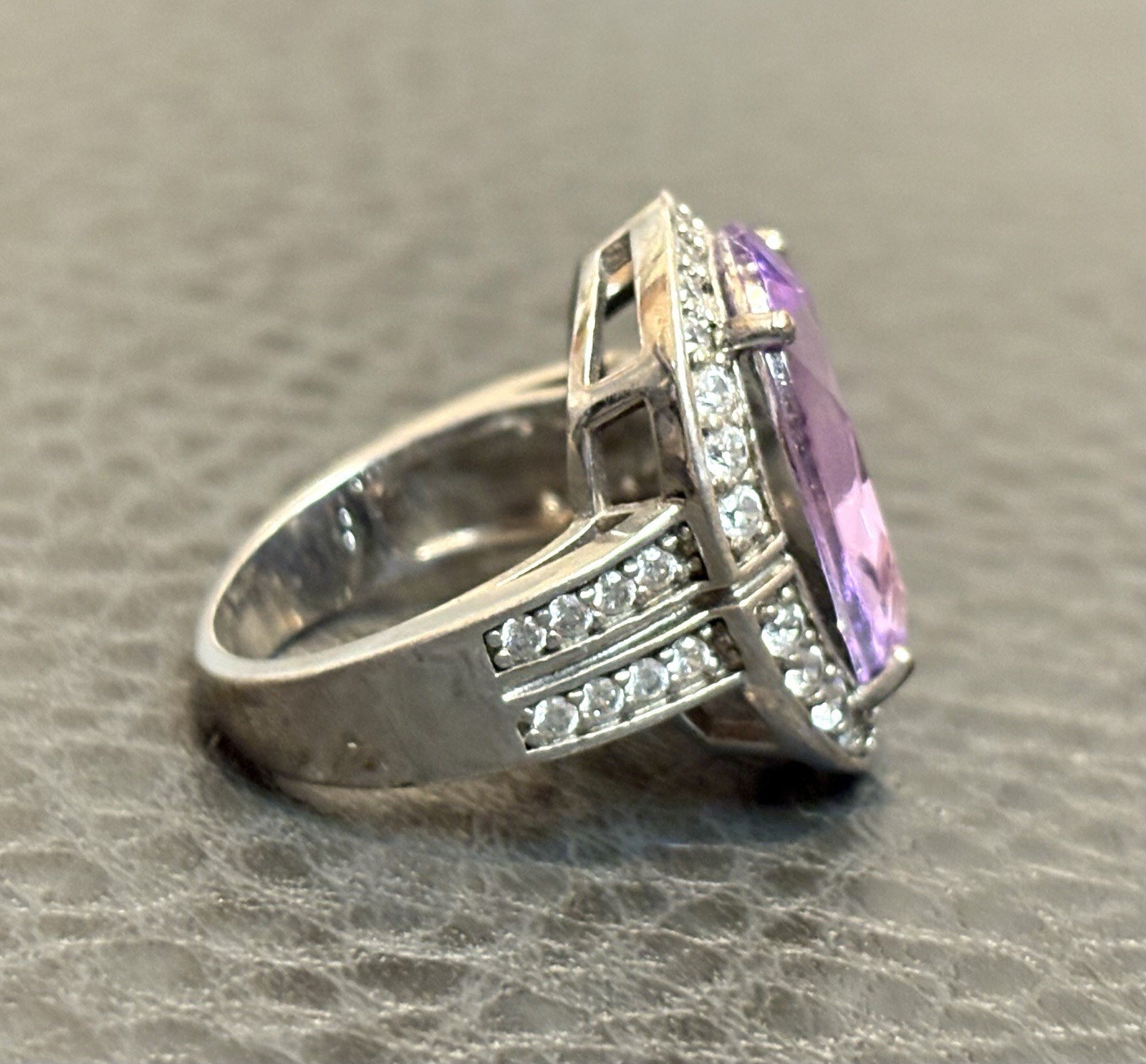 HUGE Faux Amethyst Crystal Rhinestone Statement Cocktail Silver Plated Ring 6.25