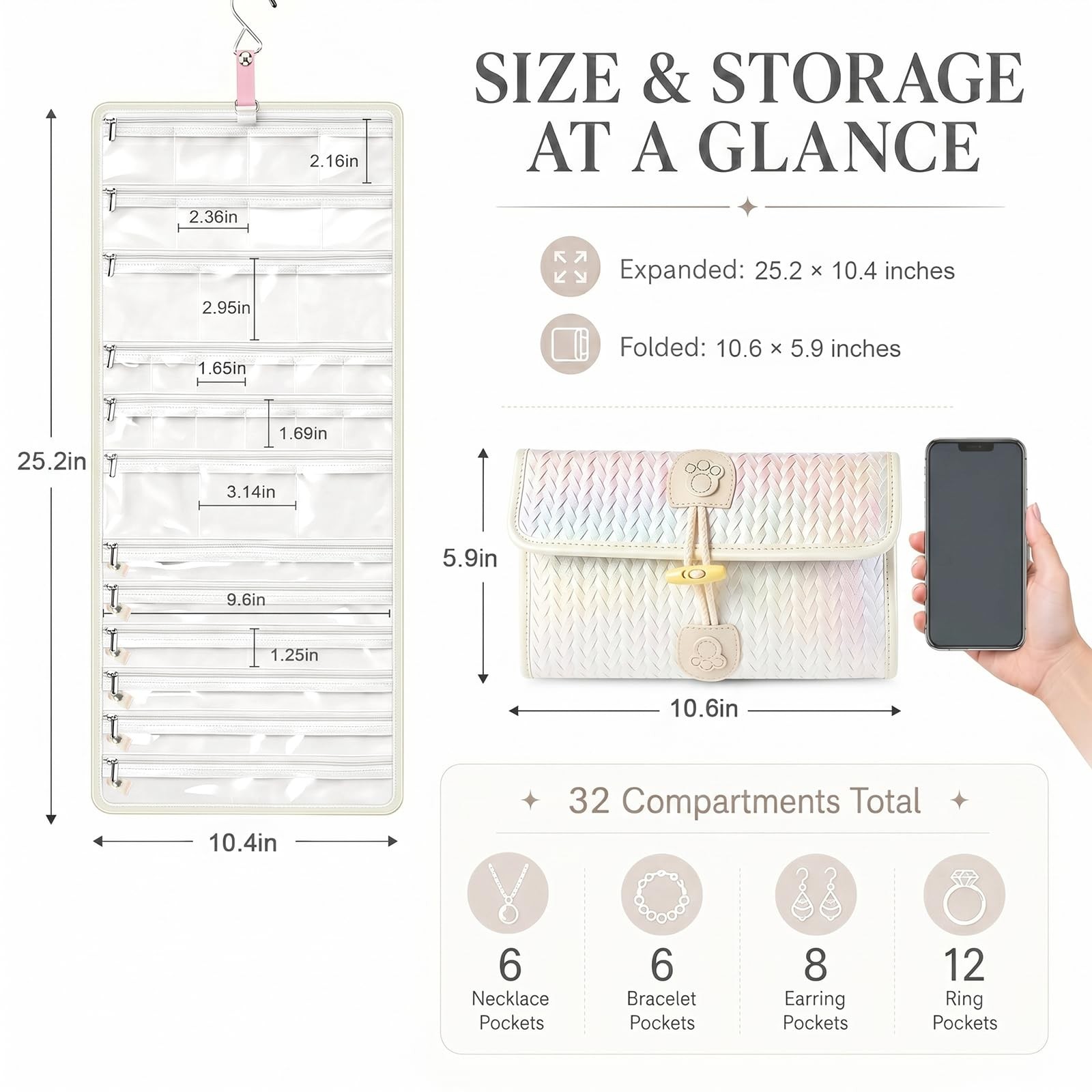 Steadtep 32-Pocket Hanging Jewelry Organizer and Foldable Travel Roll white