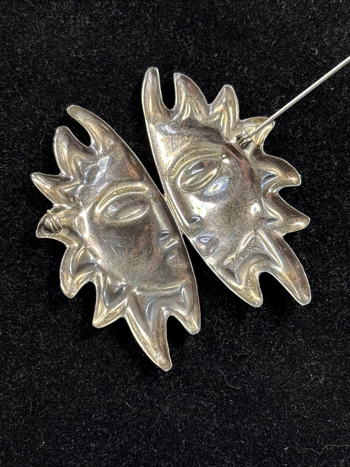 Mexico Sterling Silver Split Sun Face Pin Brooch .925 (20.1 Grams) Item#629