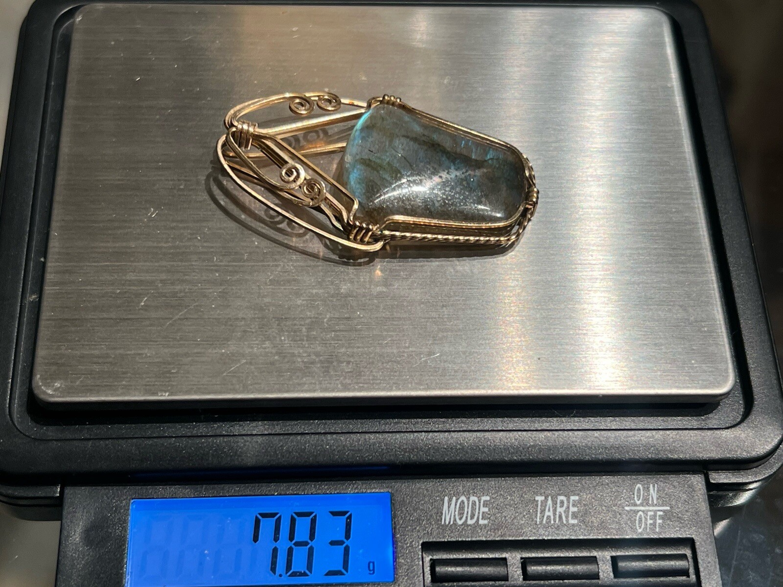 10k Gold Pendant w/ Blue Labradorite Stone 1.75”L Abstract 7.83g Artsy Cottage