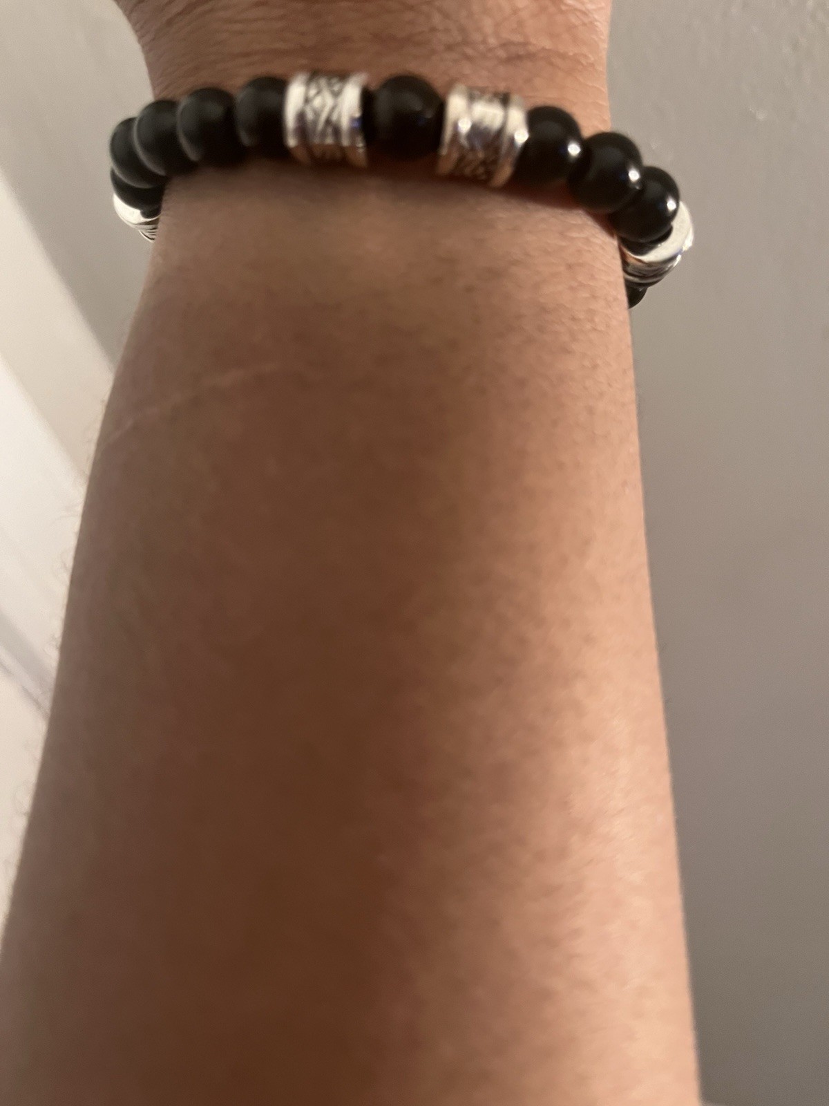 Black Onyx Round Beaded Stretch Bracelet, Silver-Tone Spacer Charms, Stackable
