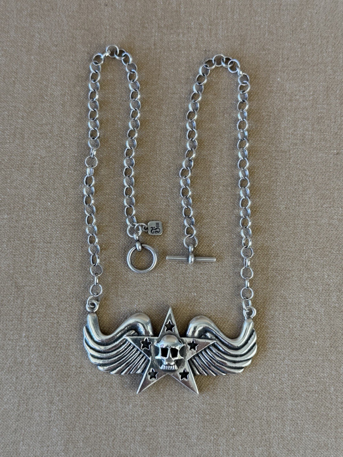 Femme Metale Large Winged Skull Sterling Silver 925 Handcrafted Necklace 18”