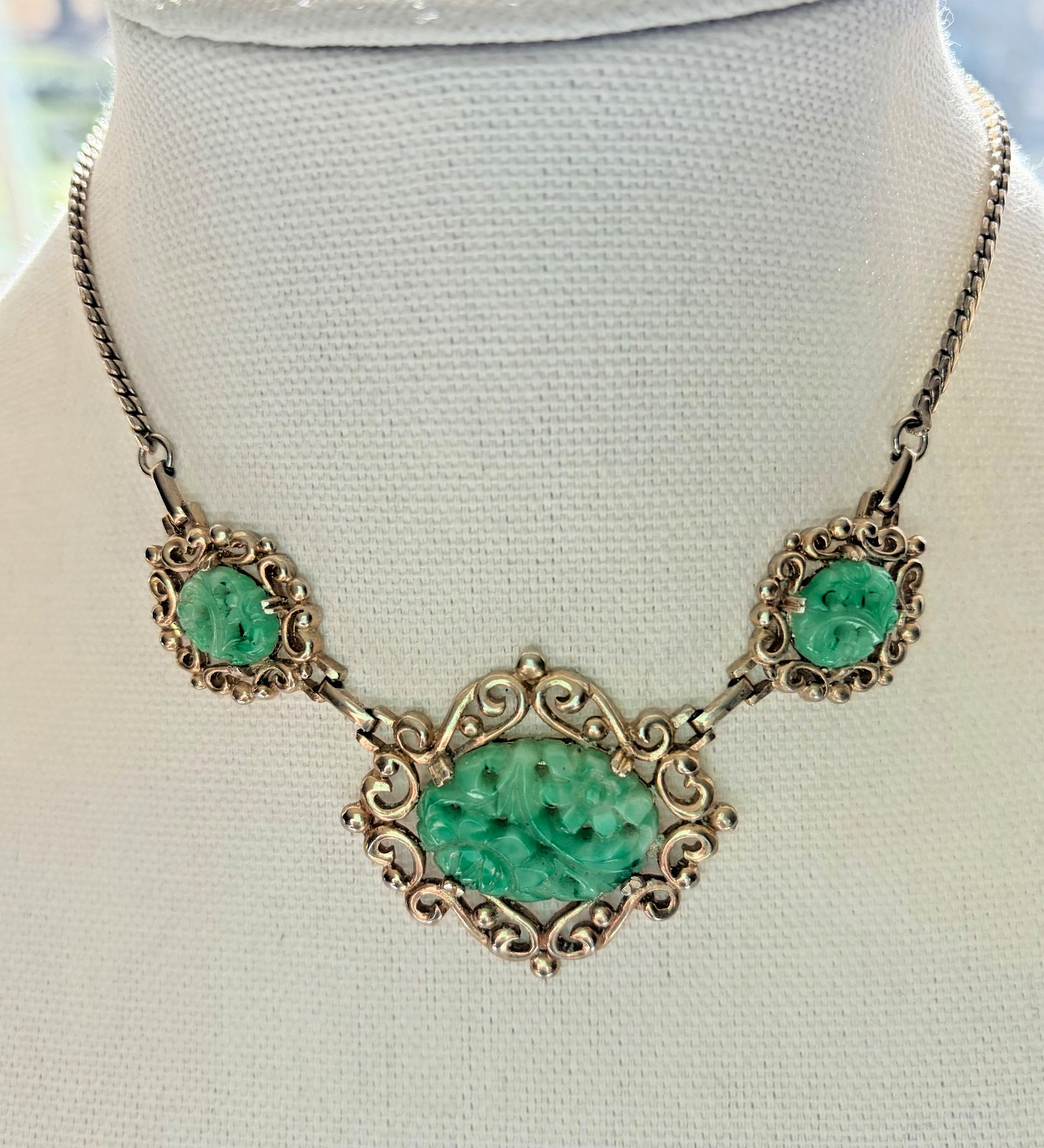 Lustern Faux Jade Necklace, Ear Clips