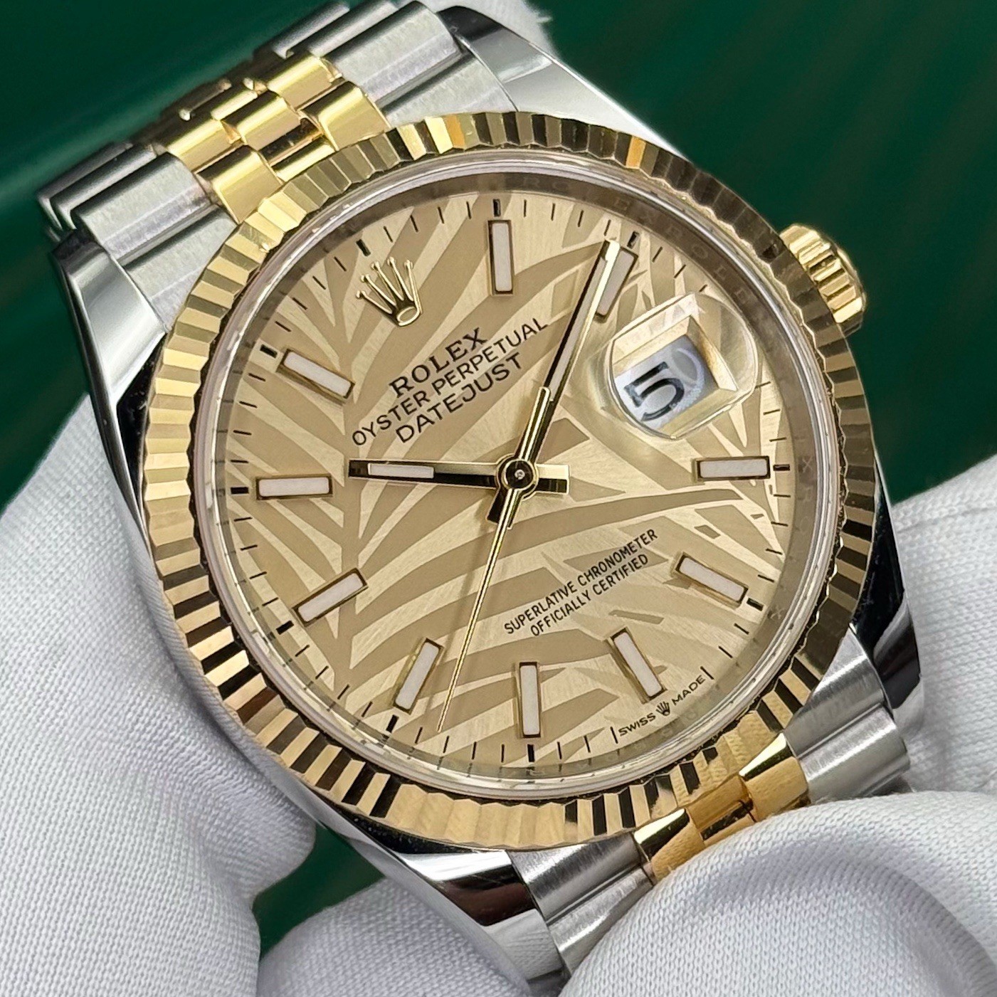 Rolex Palm Motif Dial Datejust 36 126233 Yellow Gold Rolesor Jubilee Flutted