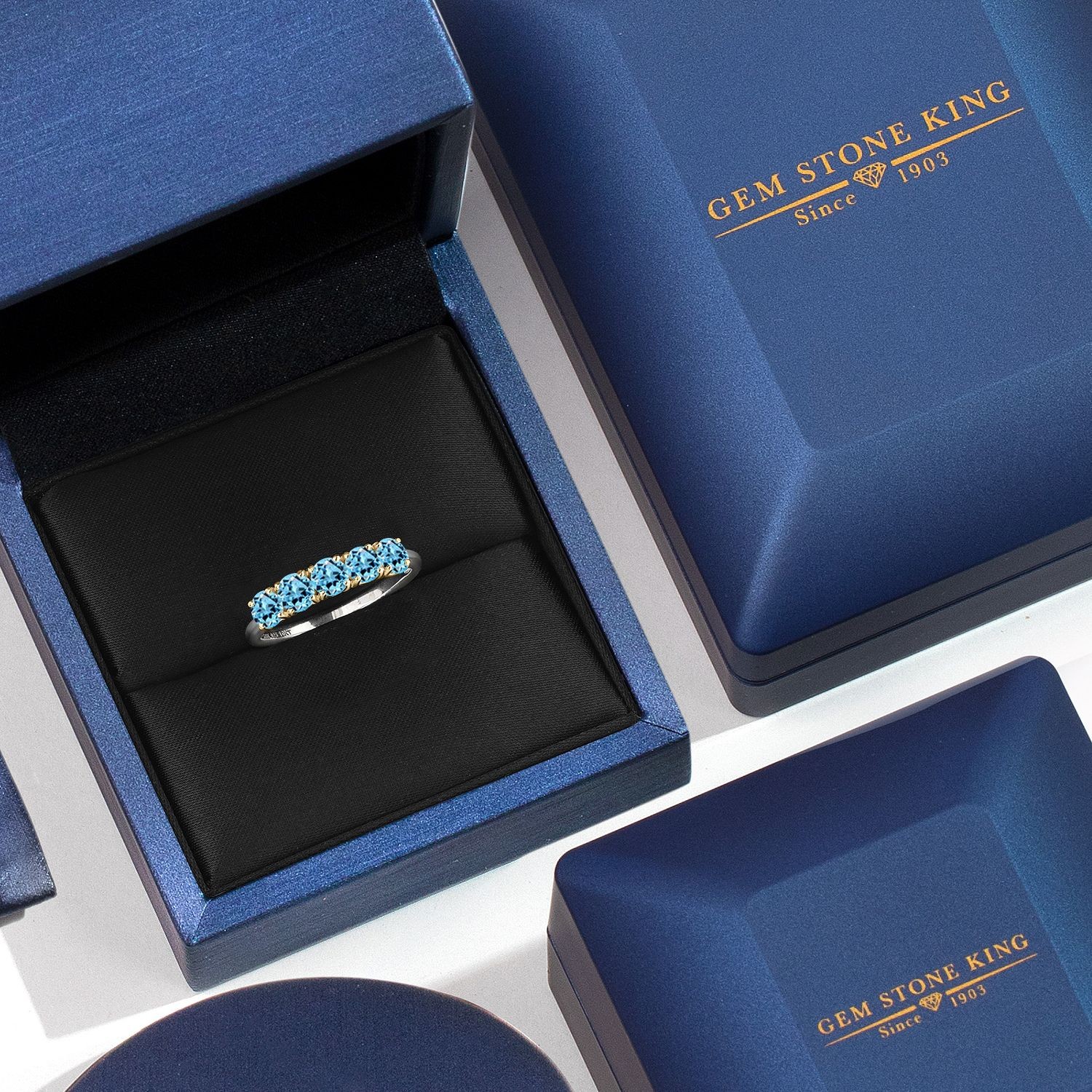 925 Silver and 10K Yellow Gold Swiss Blue Topaz Wedding-Bands Ring For Women |
