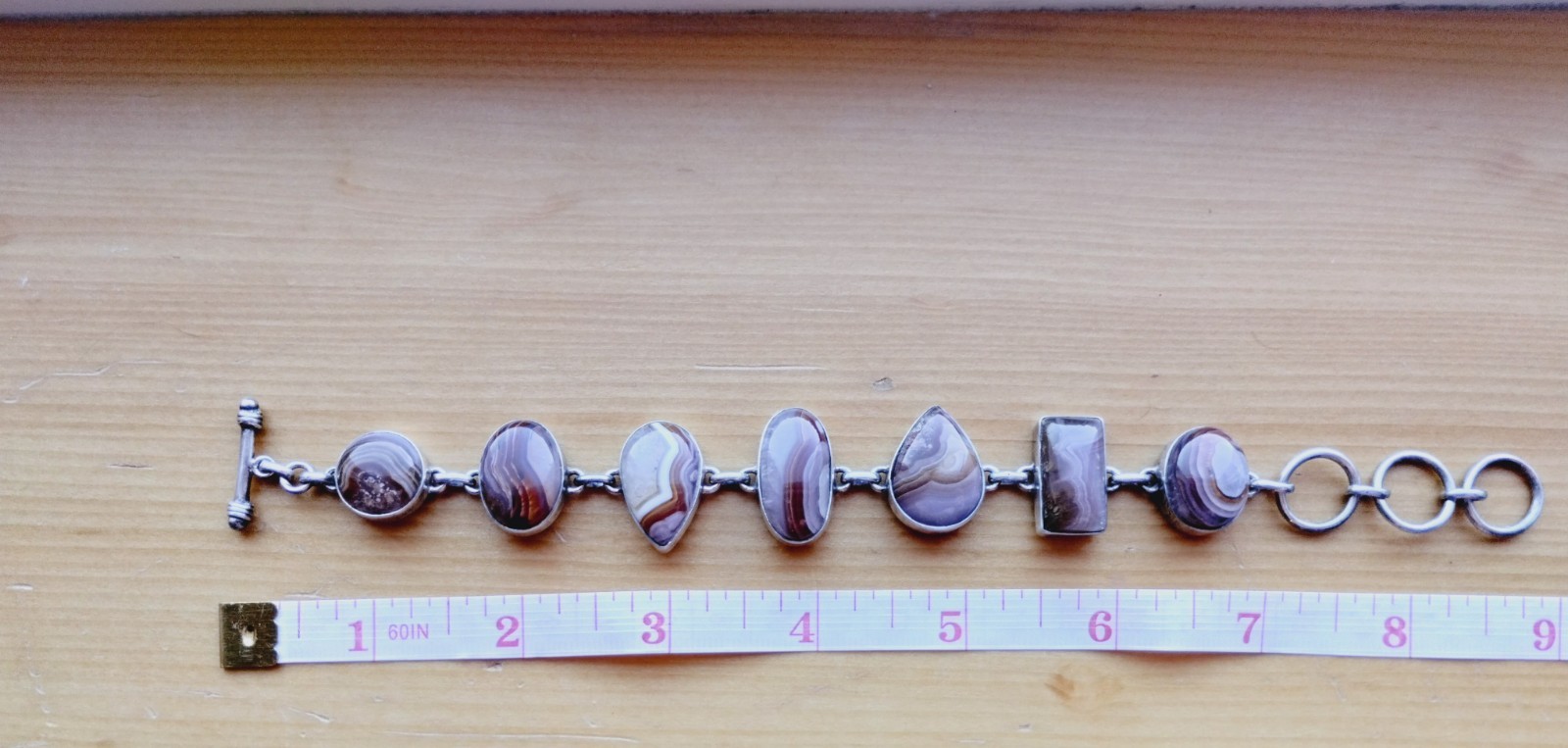 Natural SJ Red Banded Agate Stone Sterling Silver Sajen Toggle Bracelet 7-9in