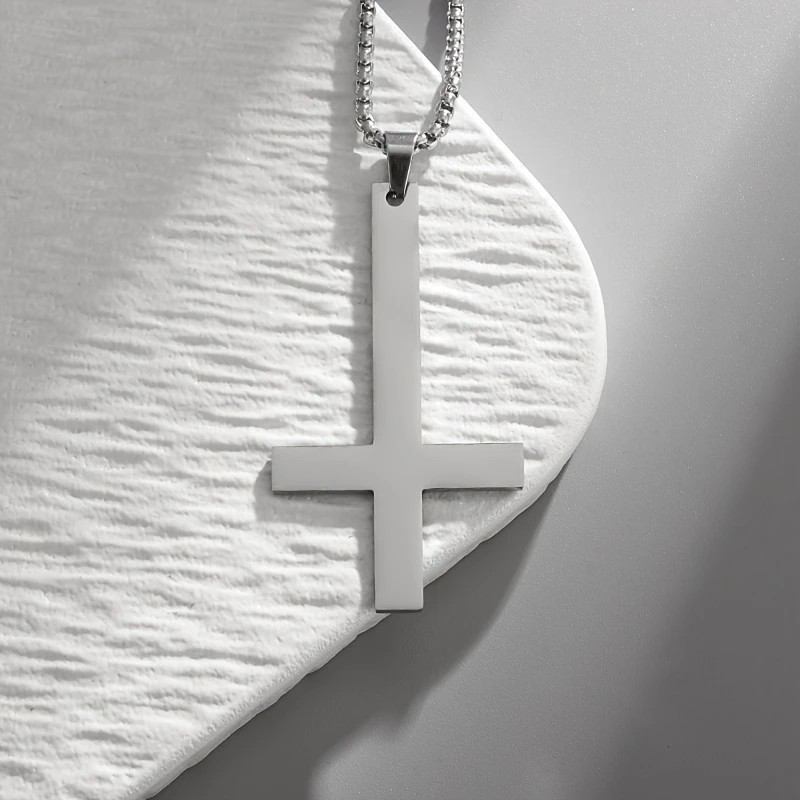 Silver Saint Peter’s Cross Necklace Inverted Stainless Steel Pendant Punk Goth