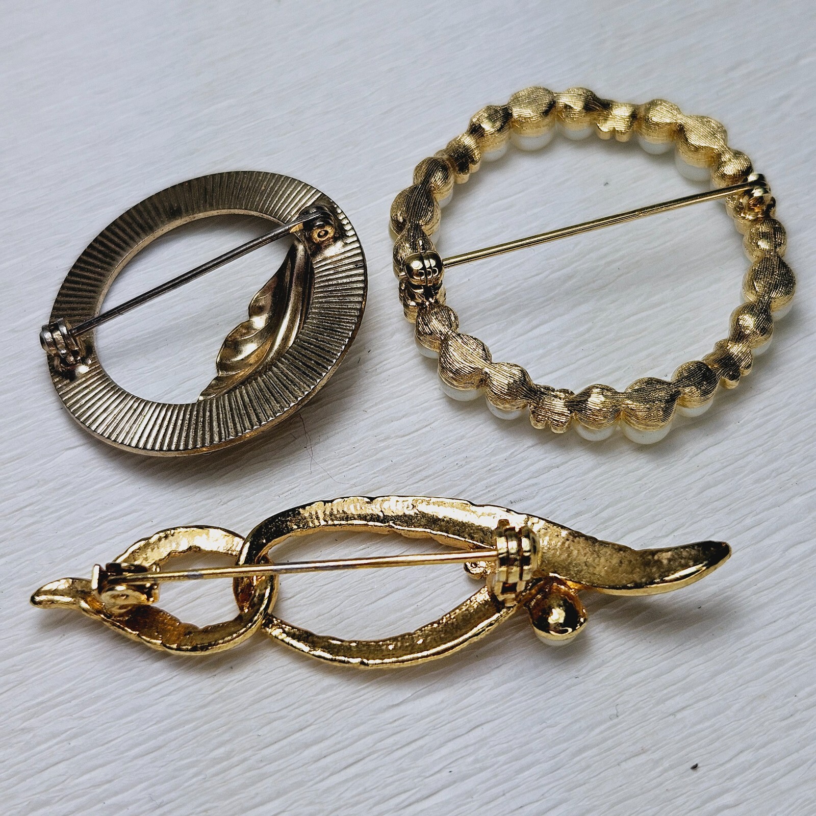 3 Vintage Brooches Faux Pearl Gold Tone Rhinestone 2 Round 1 Bar