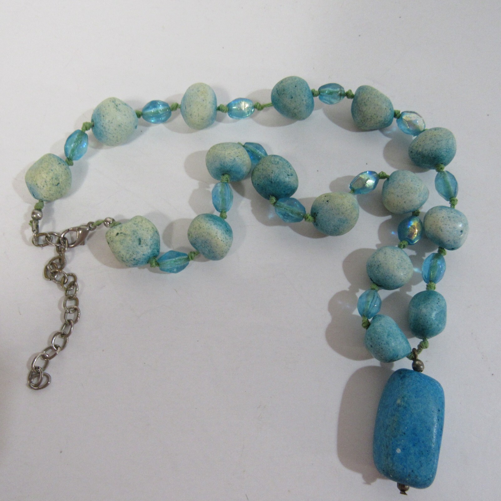 Turquoise Stone & Glass Bead Necklace w large Pendant Variable Length 18″- 21″