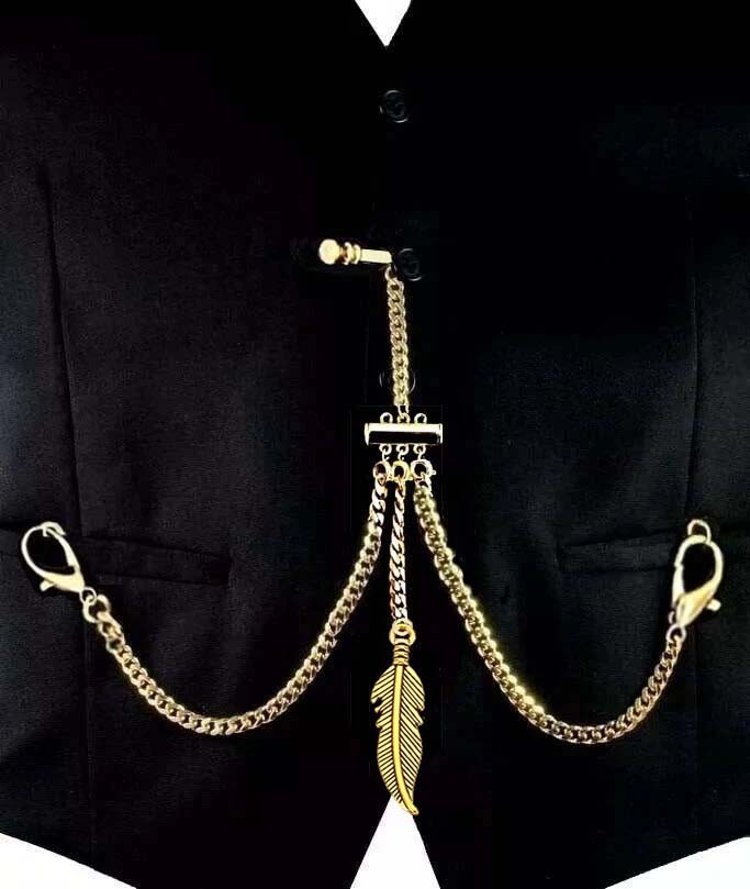 Gold Plated Strong Pocket Watch Albert Double Chain With Ornate LEAF Fob.
