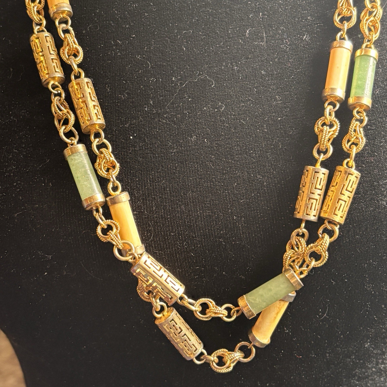 Pair Chinoiserie Style Gold Tone Jade Necklaces Ornate 29” Philippine