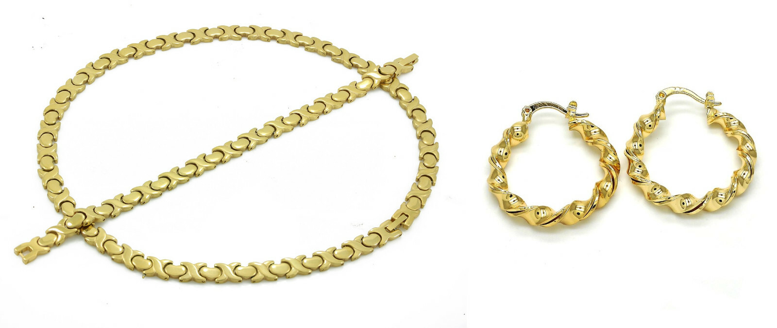 14K Gold Plated Tri Color Hugs Kisses Necklace Bracelet Close Twist Earrings Set