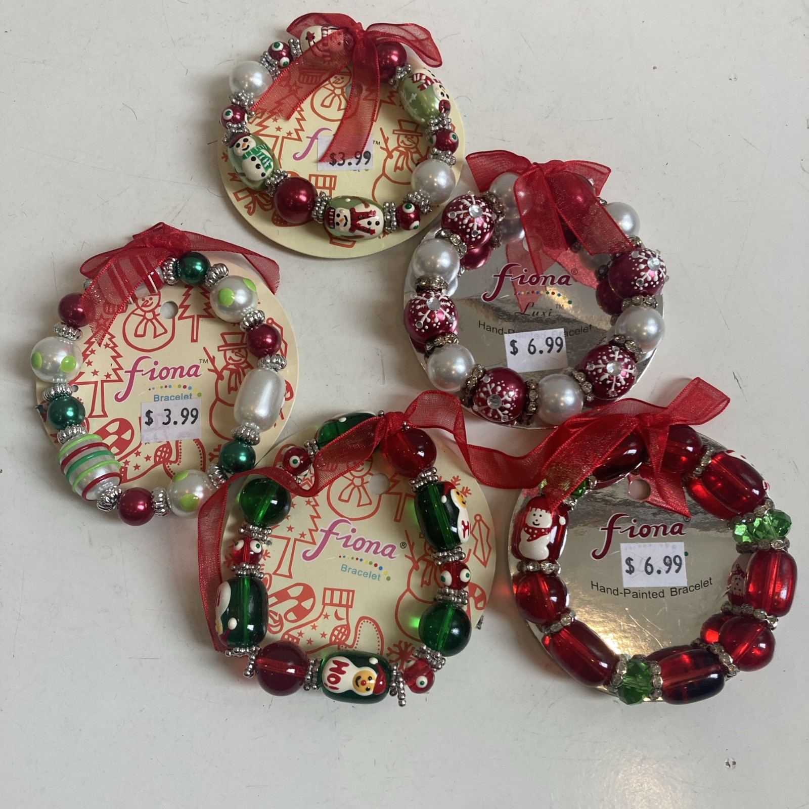 Hand Painted Christmas Bracelets New 5 In Lot Fiona Snowmen Red Green