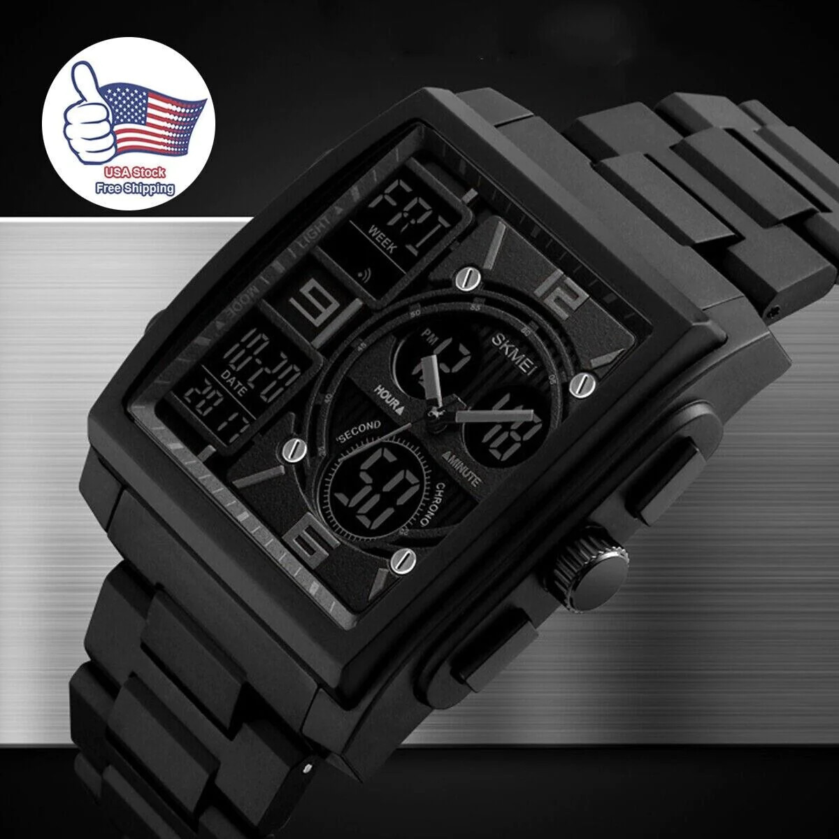 Men’s Military Sport Watch 50M Waterproof LED Dual Time Zone Alarm Chronograph
