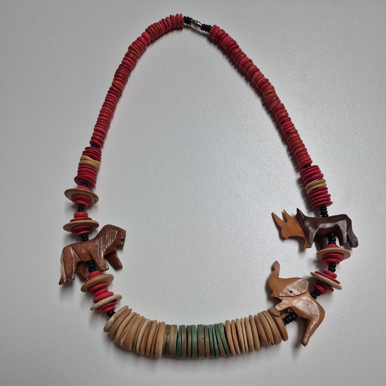Vintage Hand Carved Wooden Safari Animal Beaded African Tribal Necklace 27 Inche