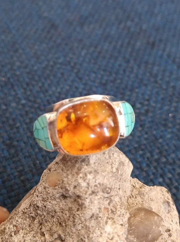JAY KING DTR Amber & Turquoise Sterling Silver Ring Size 5