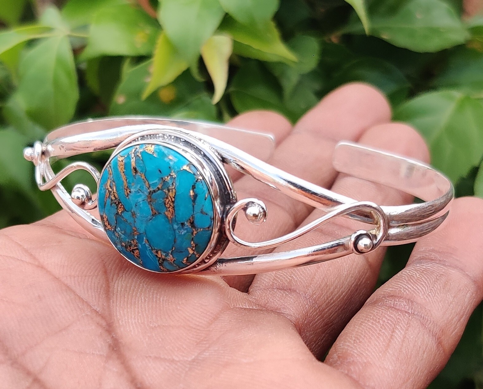 Blue Copper Turquoise Gemstone 925 Sterling Silver Adjustable Bangle MO2100