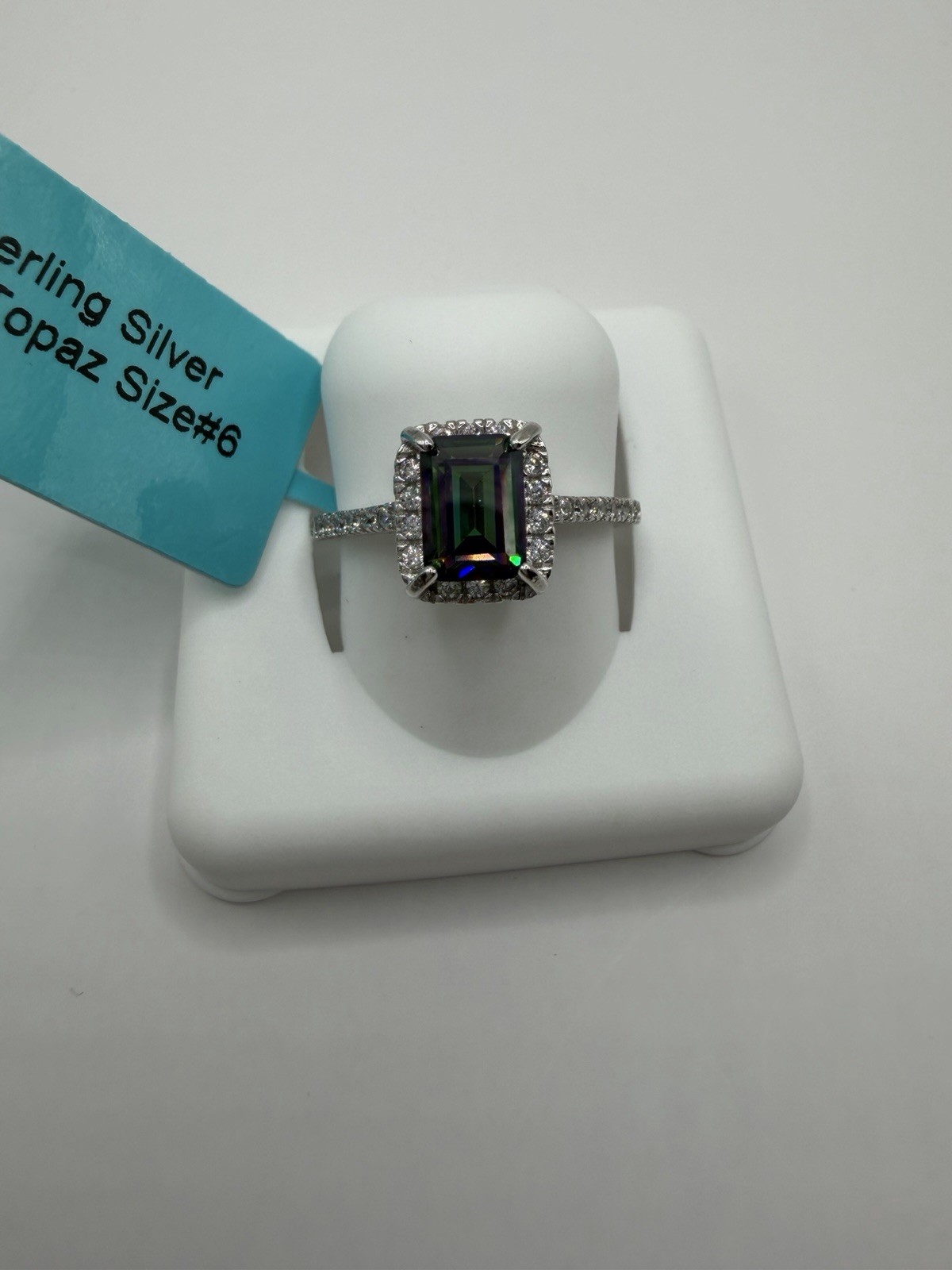 Stamped 925 Sterling Silver Mystic Topaz Emerald Prong Halo Ring Size 6