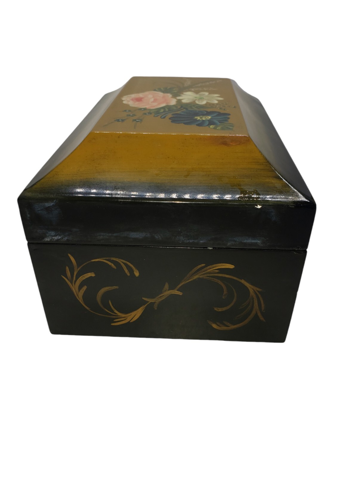 Vintage Hand Painted Wooden Jewelry Keepsake Box Floral Folk Art Black