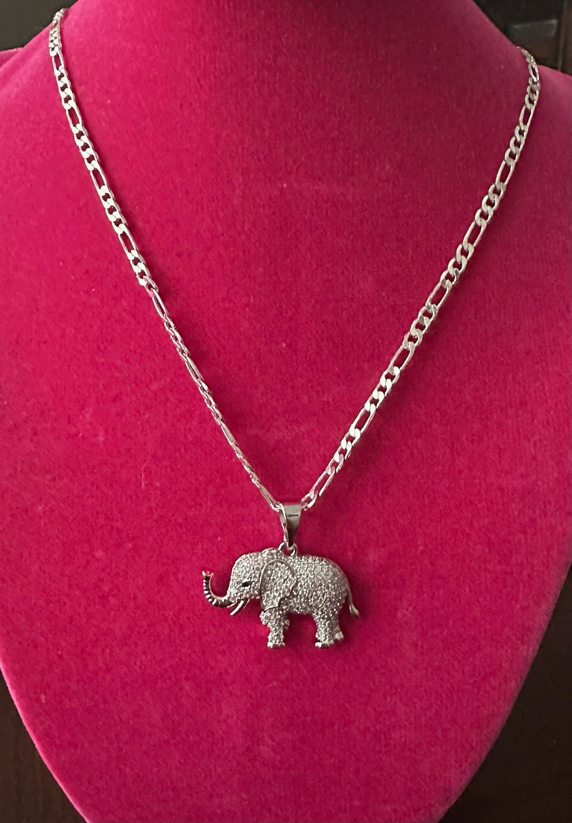 Silver Tone Metal Elephant Charm Pendant Necklace, Figaro Chain, No Stone