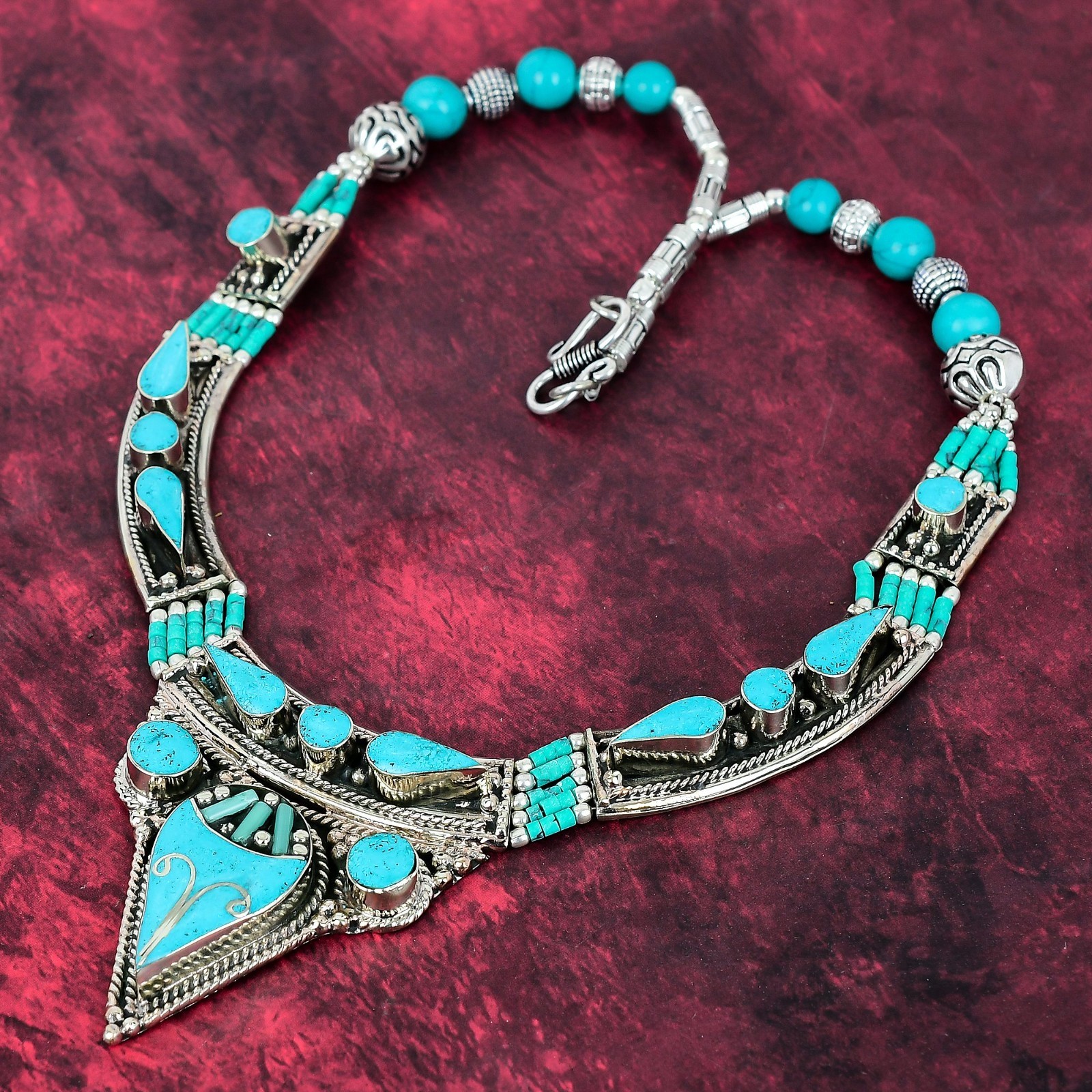 Blue Turquoise Gemstone Handmade 925 Streling Silver Designer Nepali Necklace