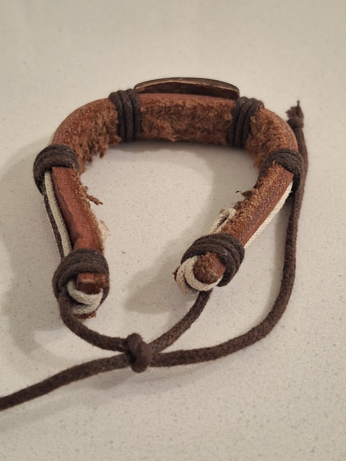 Leather Smiley Face Bracelet Adjustable Drawstring Closure Brown Black White