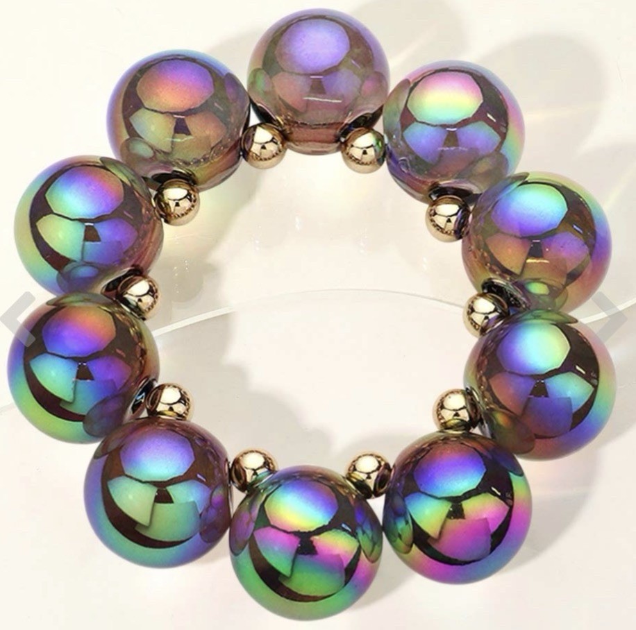 Iridescent Acrylic Beaded Stretch Bracelet Round Beads Multicolor