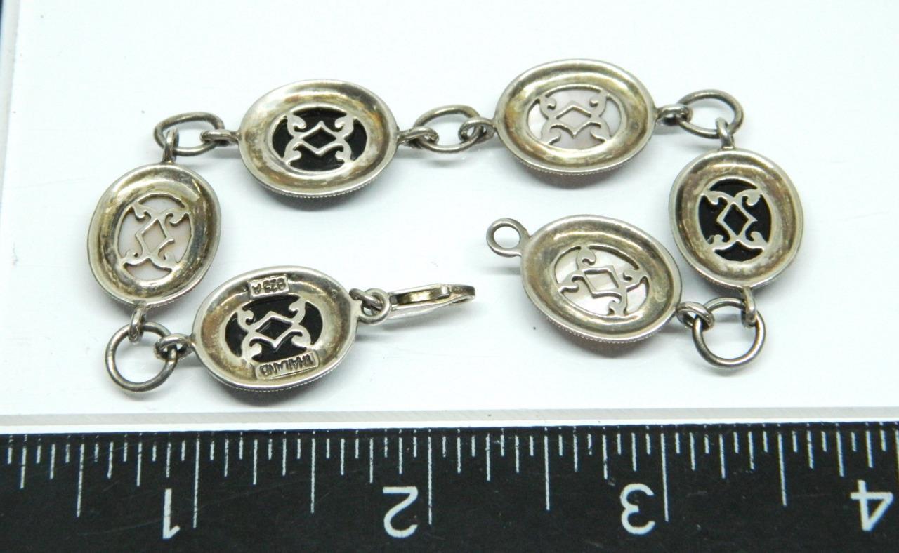 Designer Signed “A” Mother Of Pearl Onyx Marcasite Sterling Silver Bracelet