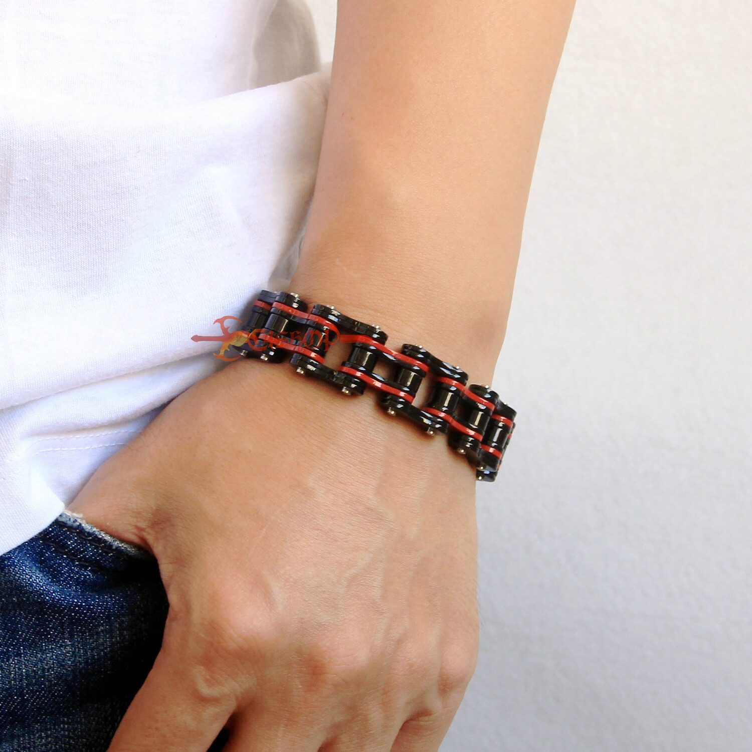 Mens Stainless Steel Motorcycle Bike Chain Link Bracelet Heavy Biker Black/Red