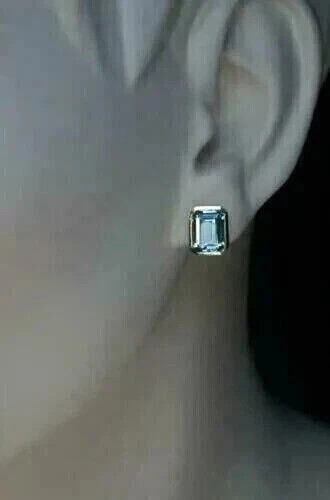 3Ct Emerald Cut Simulated Aquamarine Stud Earrings 14K Yellow Gold Plated
