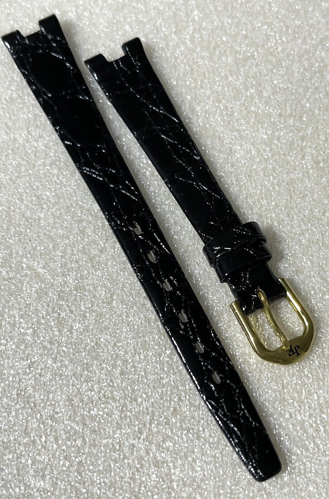 Jacques Edho Watch Strap 12mm Notched Thin Shiny Black Crocodile Print w/ Buckle