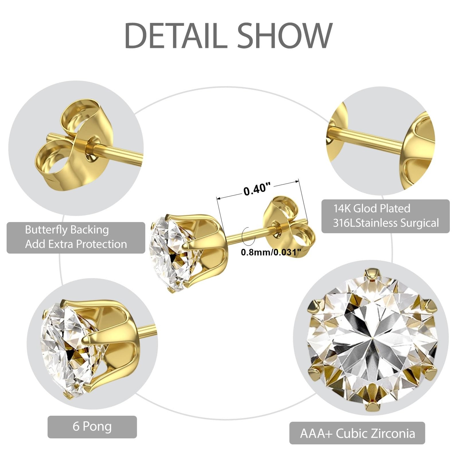 6 Pairs Stainless Steel Stud 3mm, 4mm, 5mm, 6mm, 7mm, 8mm, Glod-6Pairs