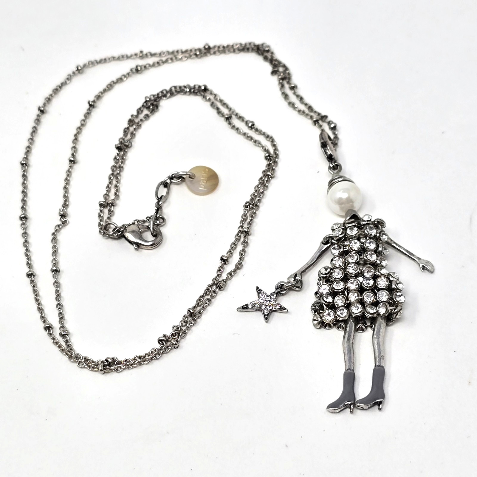 Vtg Couture Paris White Cryatal Mesh Silver Diva Doll Star Pendant Necklace 30″