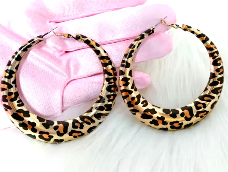 Big LEOPARD Animal Print HIP HOP Gold HOOP Leverback Betsey Johnson Earrings