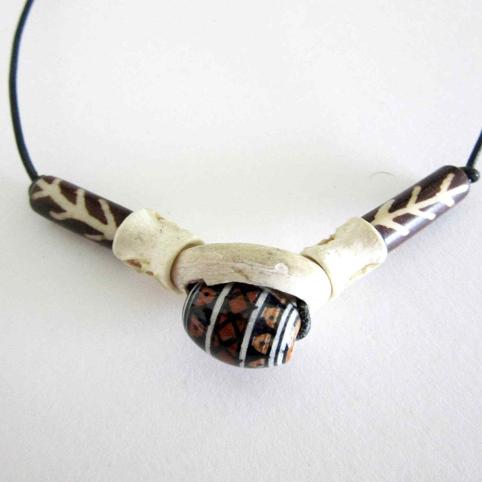 Bone Shell Bead Choker – Leather Thong – Necklace