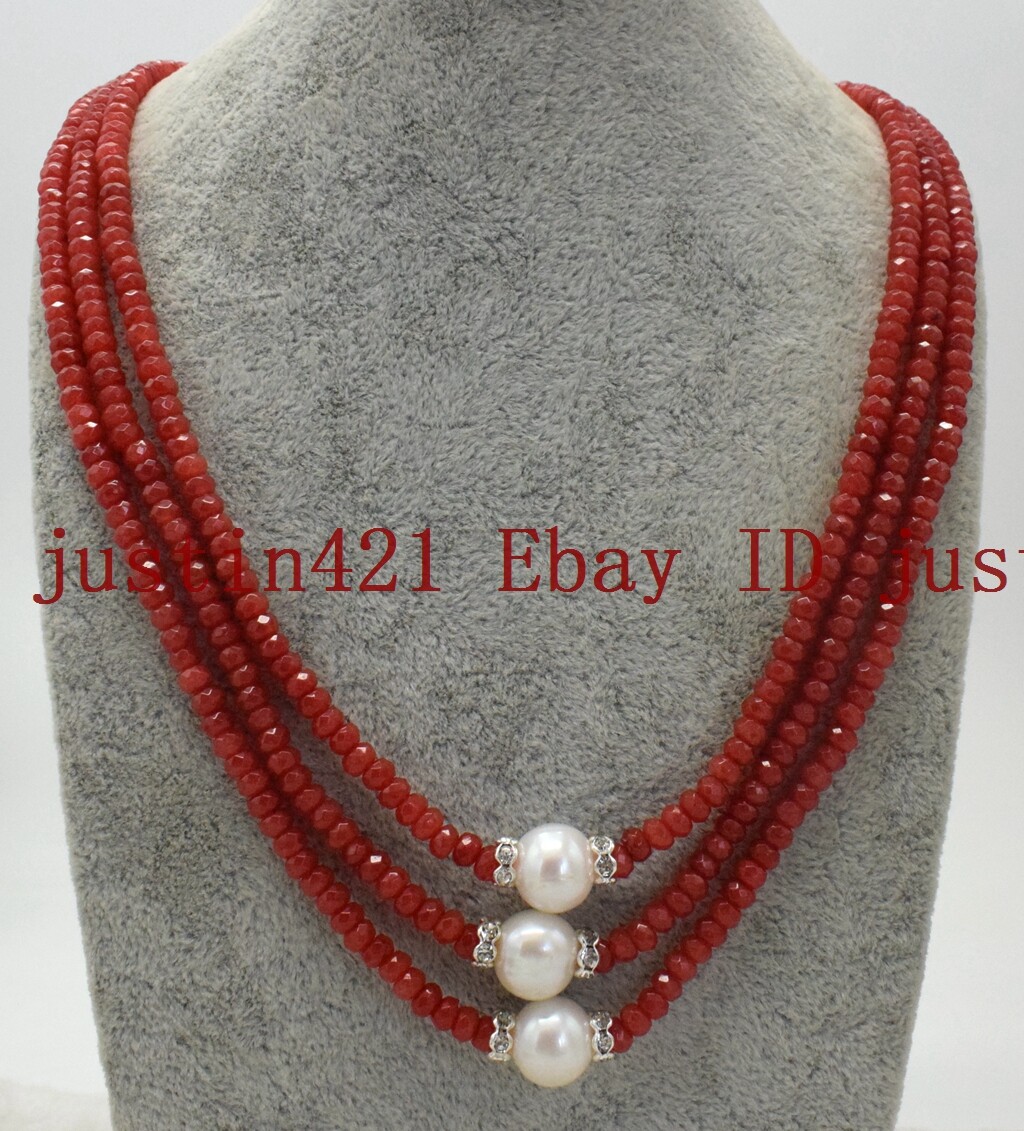Fashion 3 Row 2x4mm Red Jade Roundelle Gems 9-10mm White Pearl Necklace 18-20”