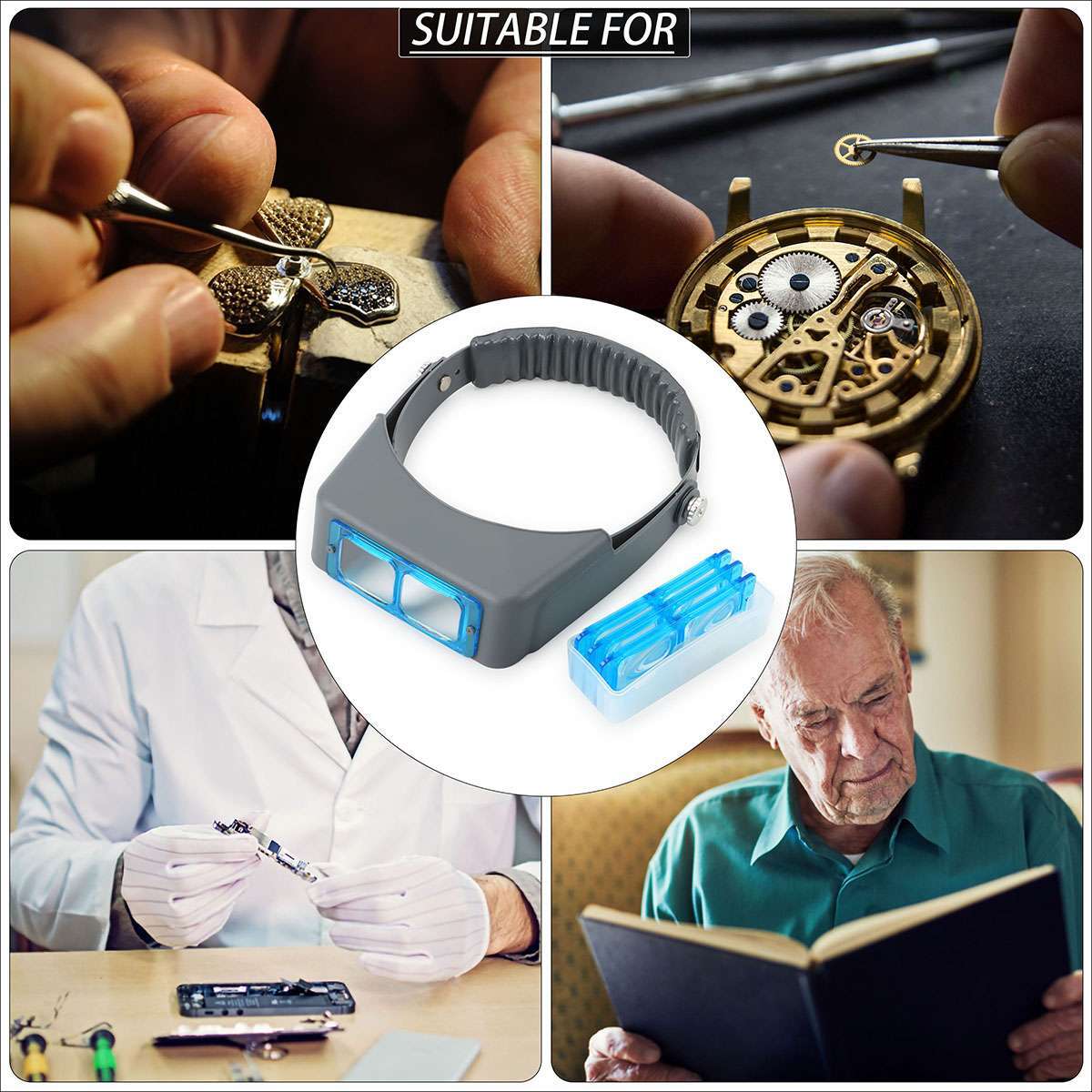 Headband Magnifier Head Magnifying Visor Glasses Jewelry Watch Repair w/ 4 Lens
