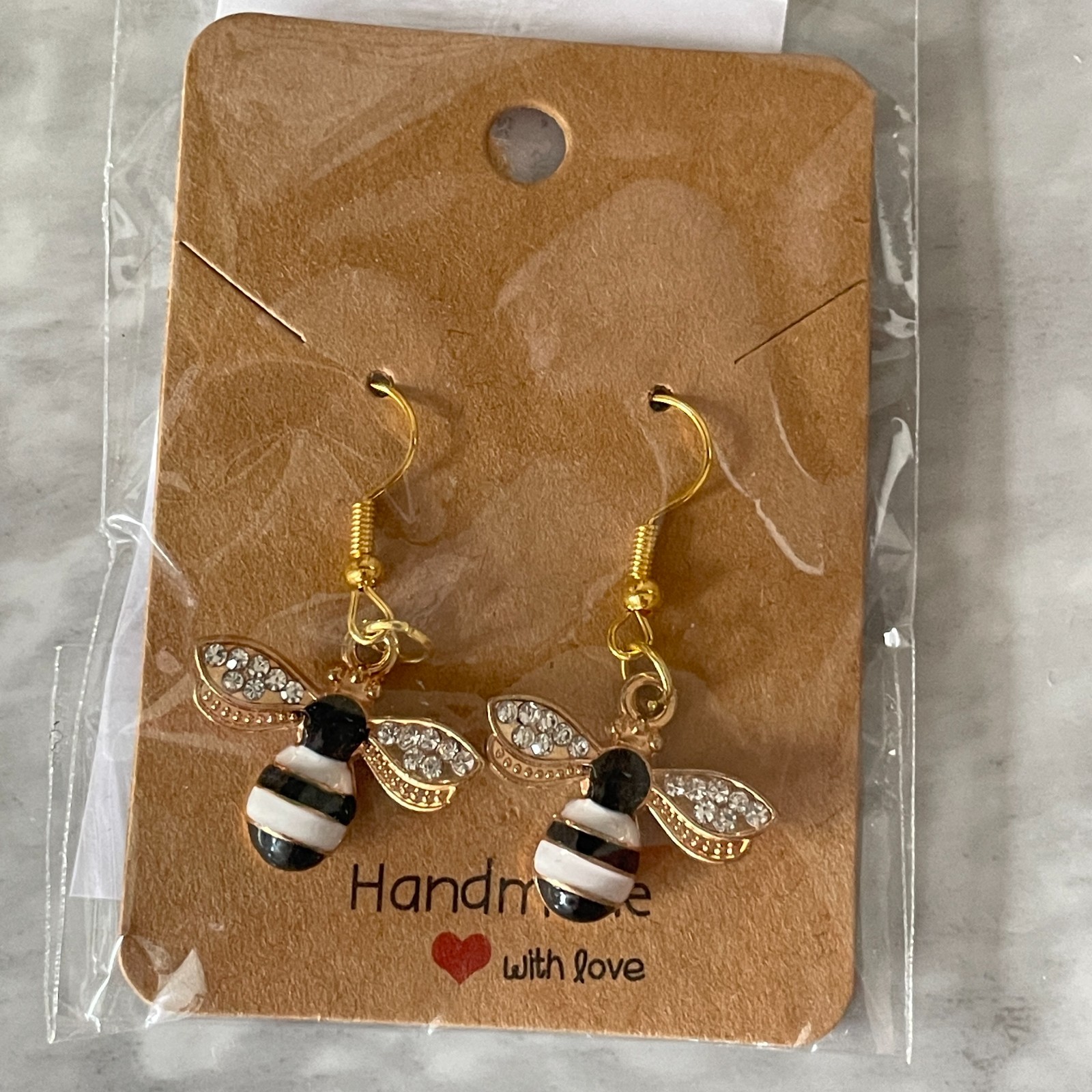 Pocket Hug – Handmade Earrings Gold Tone Large Bee Charm Drop Hook Gift