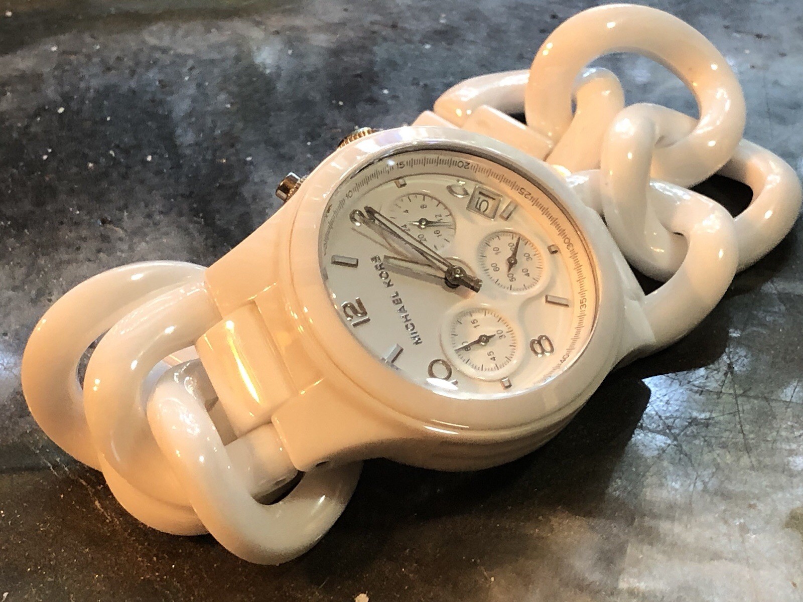 ✨🤍 NOS STUNNING Early MICHAEL KORS White CERAMIC Chain Link Bracelet Watch🤍✨