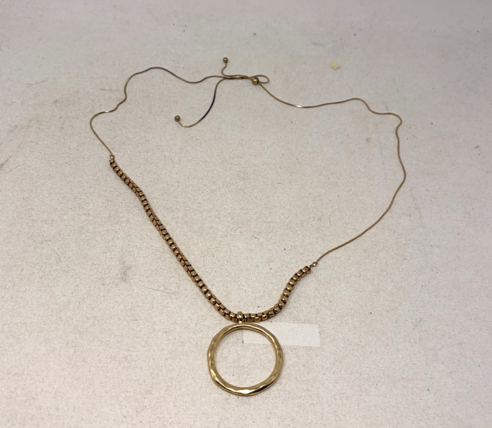 Gold Tone Open Circle Pendant Adjustable Bolo Slider Chain Statement Necklace