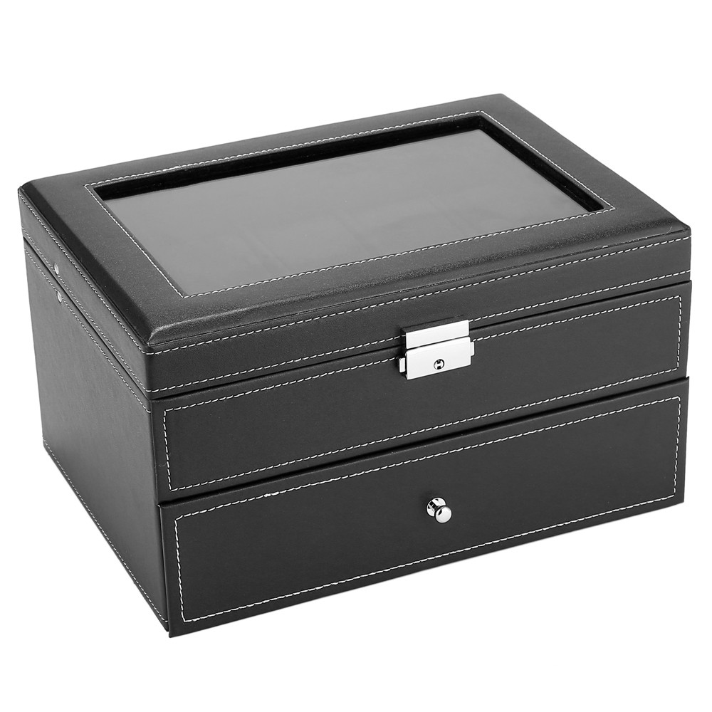 20 Compartments Watch Collection Storage Box Glass Top Display, Lockable, Black~
