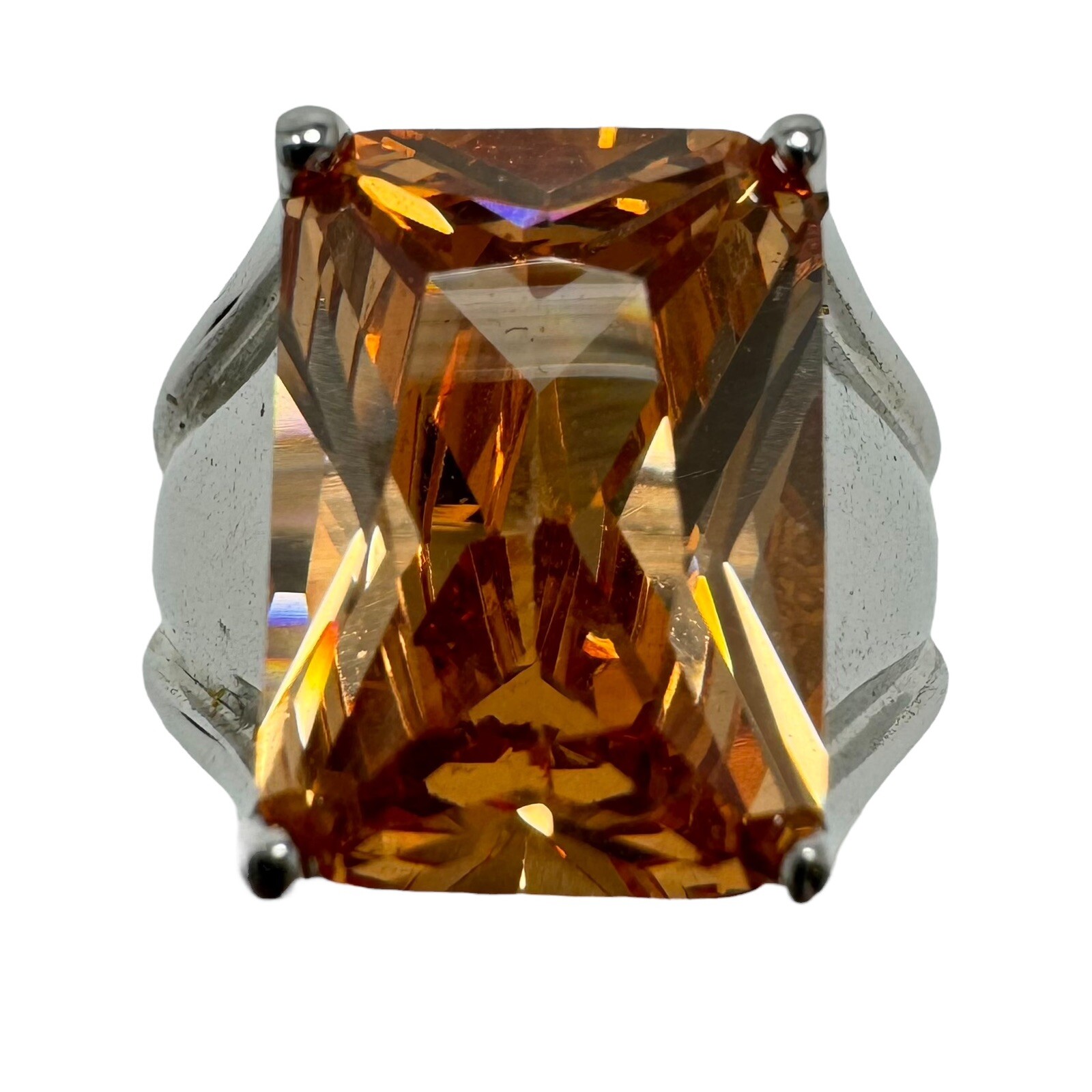 Vtg Silver Tone Faux Citrine Rhinestone Emerald Cut Large Solitaire Ring Sz 7