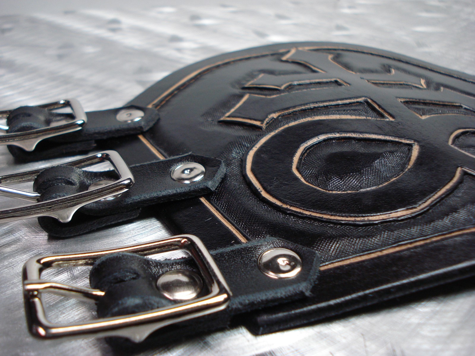 BLACK CARVED SATANIC LEATHER GAUNTLET. HEAVY METAL (MDLG0328)…..KING DIAMOND