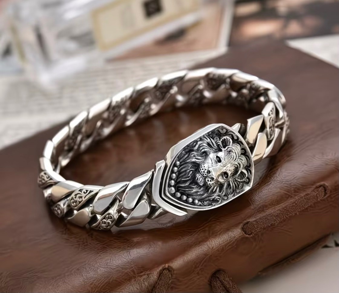 Men’s Lion Bracelet Cuban Chain Style S925 8.7″