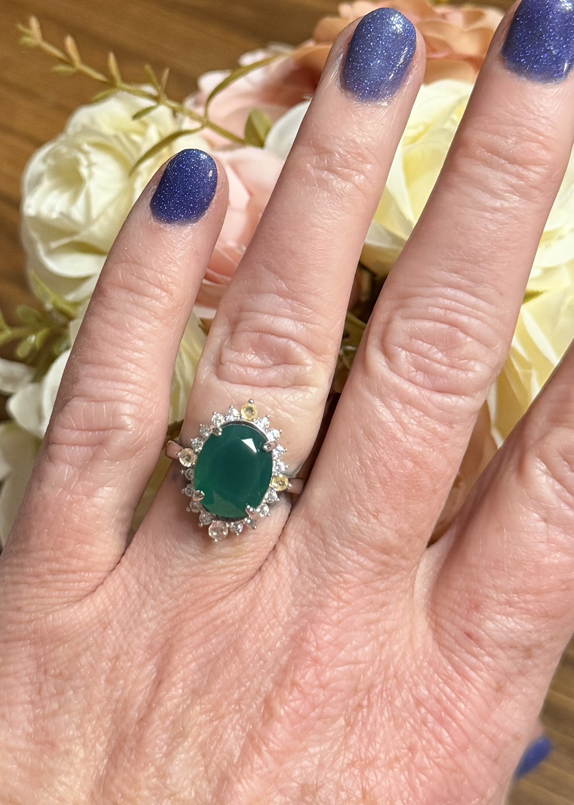 Stunning Natural Green Agate 4CT Sapphire & Zircon 925 Sterling Silver Ring Sz 6