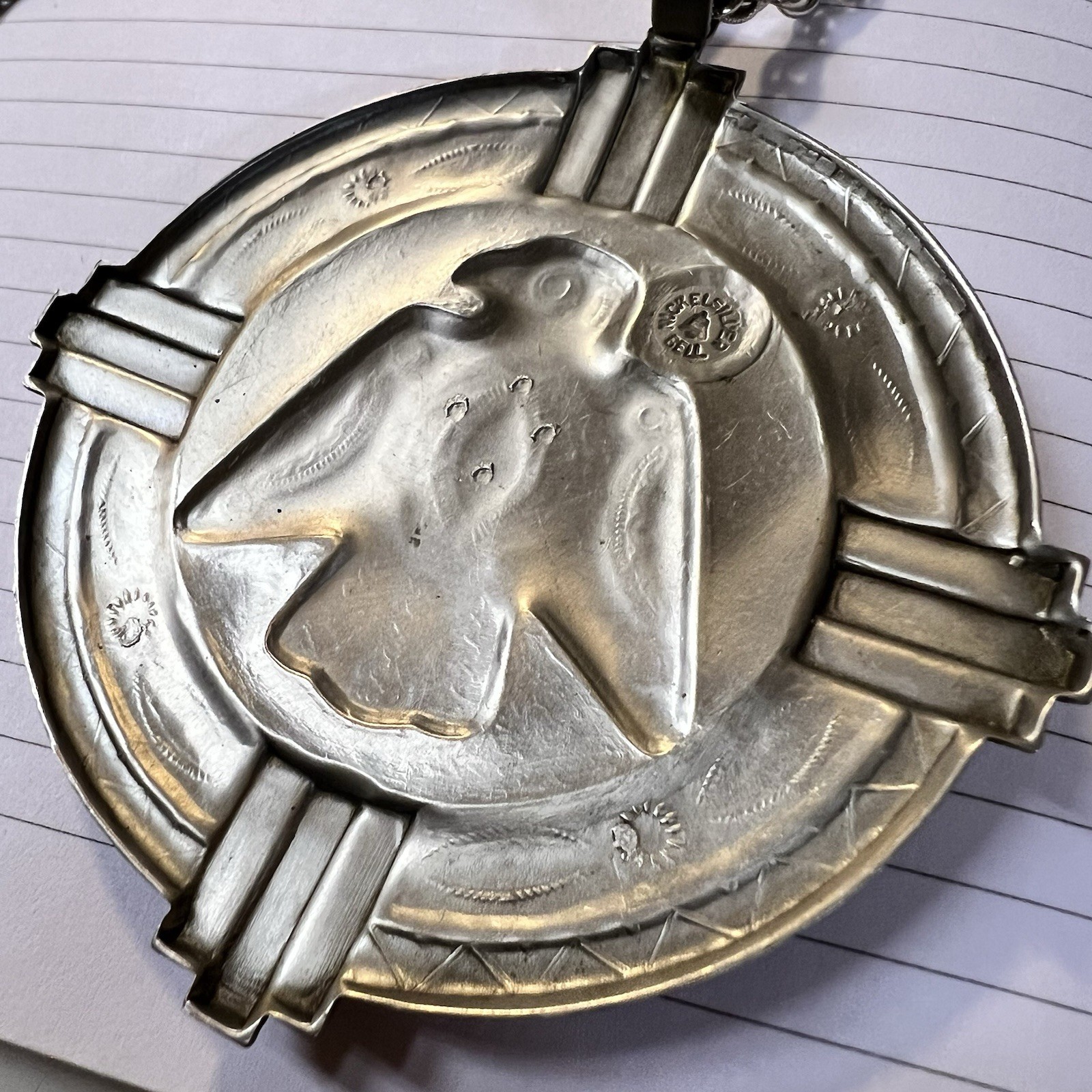 Nickle Silver Bell Vintage Western Navajo Thunderbird Turquoise Pendant Necklace