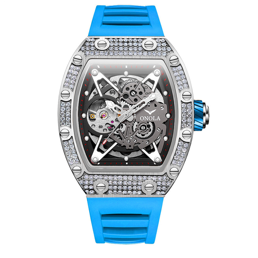 ONOLA Luxury Men’s Automatic Skeleton Watch Diamond-Studded Bezel Rubber Strap